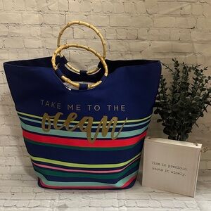 NWO paper tag -Navy Striped Beach Bag with Bamboo Handles